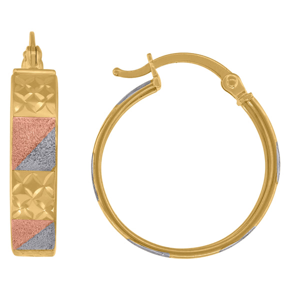 14kt Tri-color Gold Womens Textured Hoop Earrings 20mm