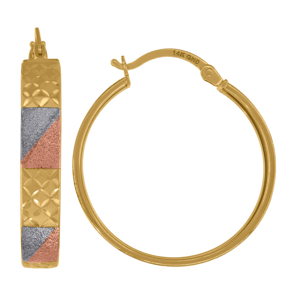 14kt Tri-color Gold Womens Textured Hoop Earrings