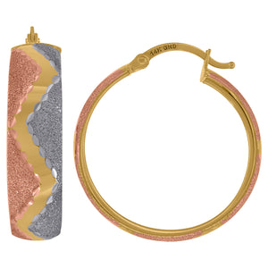 14kt Tri-color Gold Womens Textured Hoop 25mm Earrings