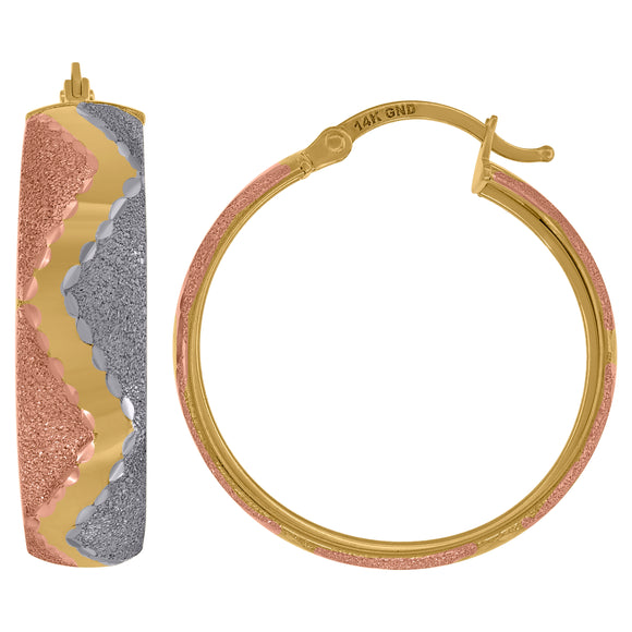 14kt Tri-color Gold Womens Textured Hoop 25mm Earrings