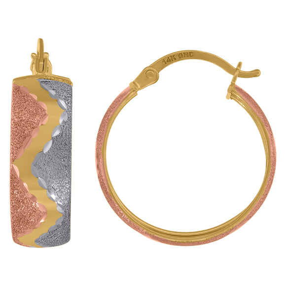 14kt Tri-color Gold Womens Textured Hoop 20mm Earrings