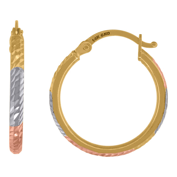 14kt Tri-color Gold Womens Diamond-cut Hoop 20mm Earrings
