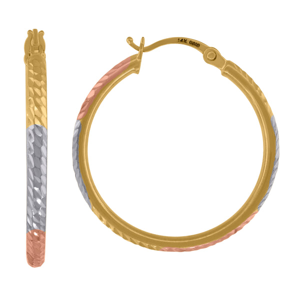 14kt Tri-color Gold Womens Diamond-cut Hoop 25mm Earrings