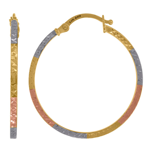 14kt Tri-color Gold Womens Textured Square Tube Hoop 28mm Earrings