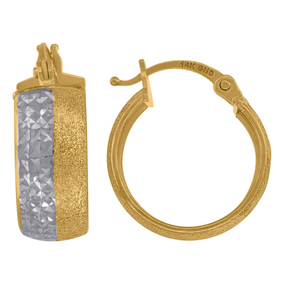14kt Two-tone Gold Womens Diamond-cut Textured Hoop 16mm Earrings