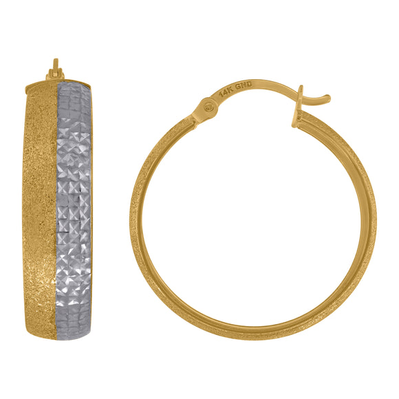 14kt Two-tone Gold Womens Diamond-cut Textured Hoop 25mm Earrings