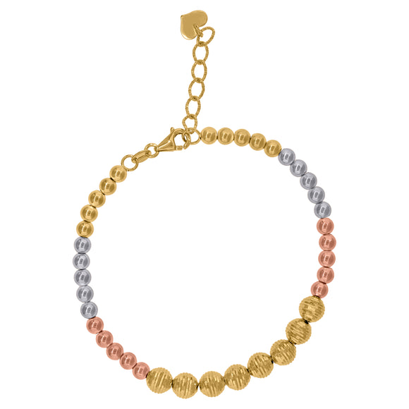 14kt Tri-color Gold Womens Diamond-cut Multi Beaded Heart Link Bracelet Size 8 Inches