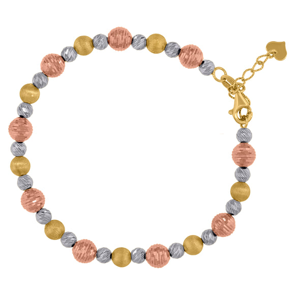 14kt Tri-color Gold Womens Diamond-cut Multi Beaded Heart Link Bracelet Size 8 Inches