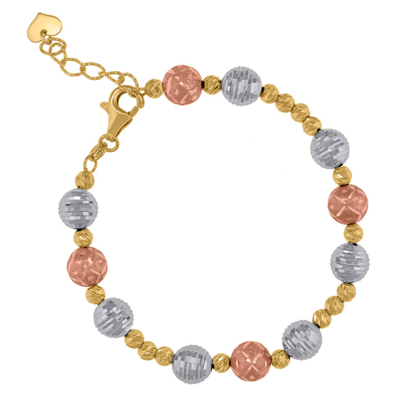 14kt Tri-color Gold Womens Diamond-cut Multi Beaded Heart Link Bracelet Size 8 Inches