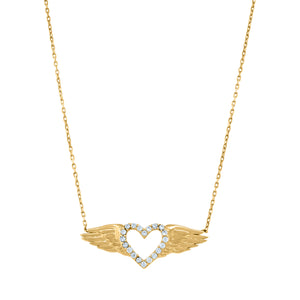 14kt Yellow Gold Womens Cubic Zirconia Diamond-cut Heart With Angel Wings Charm Pendant