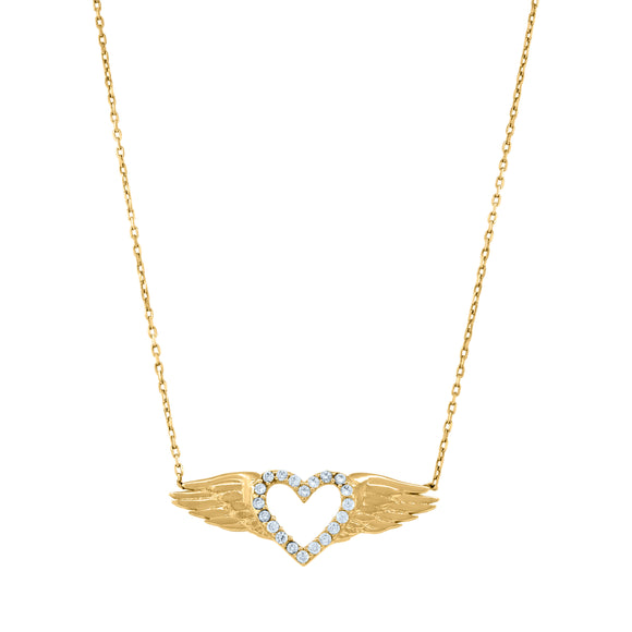 14kt Yellow Gold Womens Cubic Zirconia Diamond-cut Heart With Angel Wings Charm Pendant