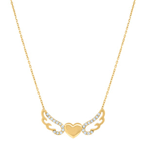 14kt Yellow Gold Womens Cubic Zirconia Heart With Angel Wings Charm Pendant