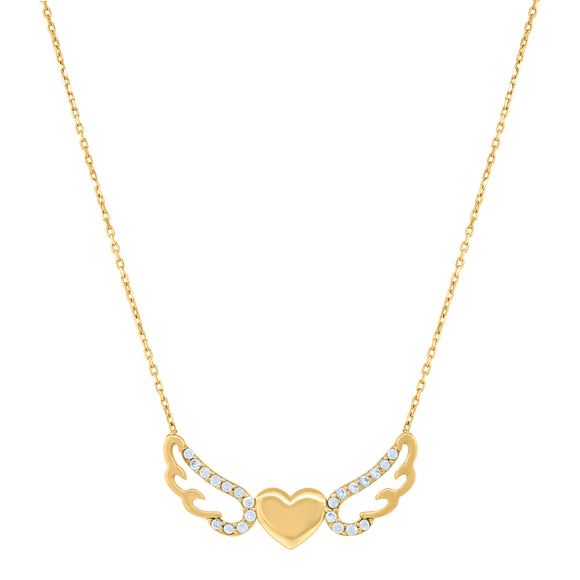 14kt Yellow Gold Womens Cubic Zirconia Heart With Angel Wings Charm Pendant