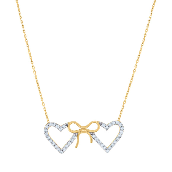 14kt Two-tone Gold Womens Cubic Zirconia Double Heart Bow Charm Pendant