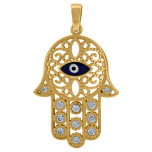 14kt Yellow Gold Womens Cubic Zirconia Humsa Hand With Blue Enamel Evil Eye Religious Charm Pendant