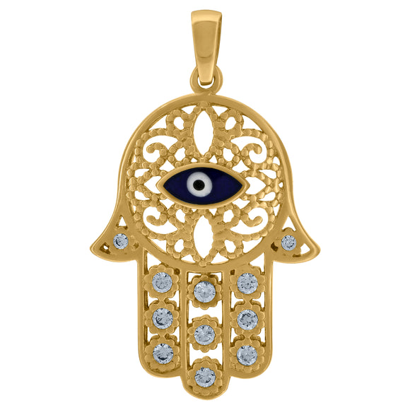 14kt Yellow Gold Womens Cubic Zirconia Humsa Hand With Blue Enamel Evil Eye Religious Charm Pendant