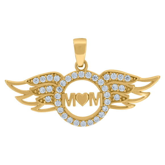 14kt Yellow Gold Womens Cubic Zirconia Mom With Angel Wings Charm Pendant