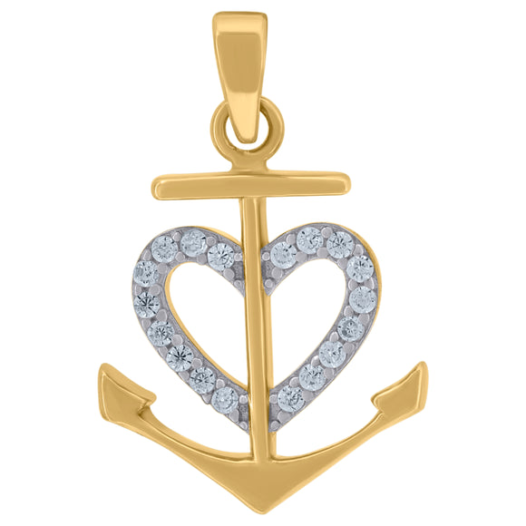 14kt Two-tone Gold Womens Cubic Zirconia Heart Anchor Charm Pendant