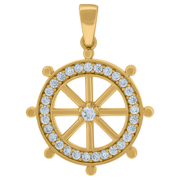14kt Yellow Gold Womens Cubic Zirconia Ship Wheel Charm Pendant