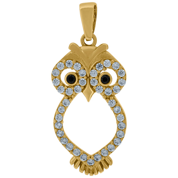 14kt Yellow Gold Womens Black Cubic Zirconia Owl Charm Pendant