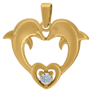 14kt Yellow Gold Womens Cubic Zirconia Dolphins With Heart Charm Pendant