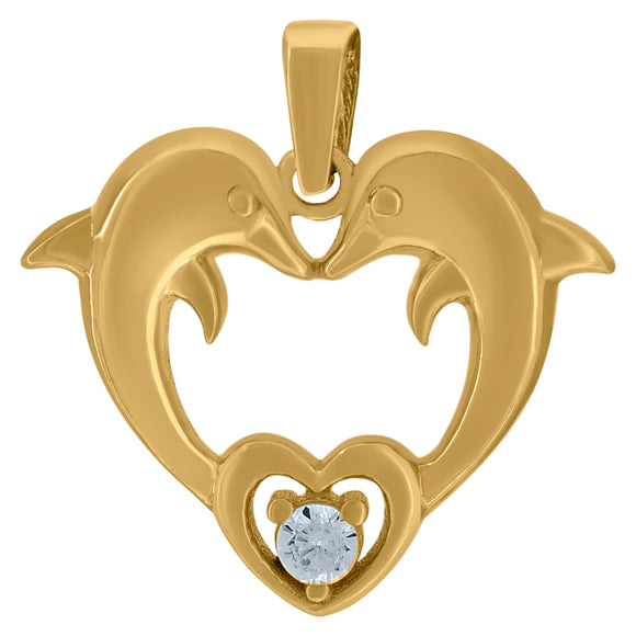 14kt Yellow Gold Womens Cubic Zirconia Dolphins With Heart Charm Pendant