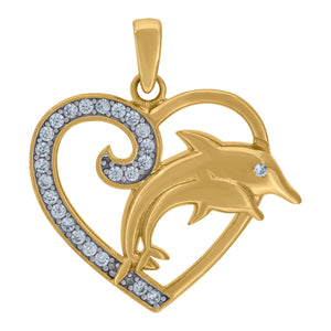 14kt Two-tone Gold Womens Cubic Zirconia Dolphins With Heart Charm Pendant