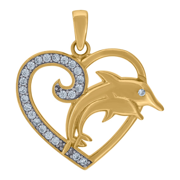 14kt Two-tone Gold Womens Cubic Zirconia Dolphins With Heart Charm Pendant