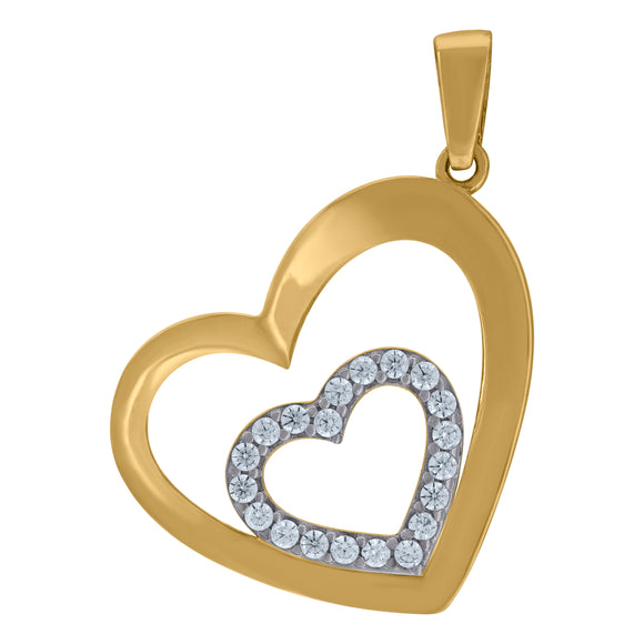 14kt Two-tone Gold Womens Cubic Zirconia Polished Finish Double Hearts Charm Pendant
