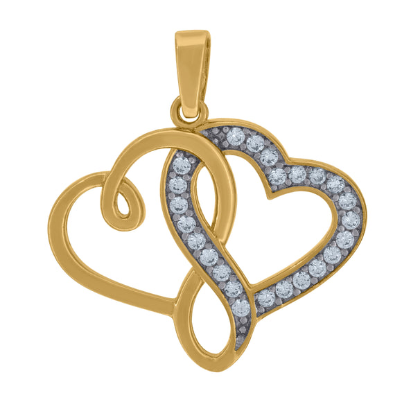 14kt Two-tone Gold Womens Cubic Zirconia Double Heart Charm Pendant