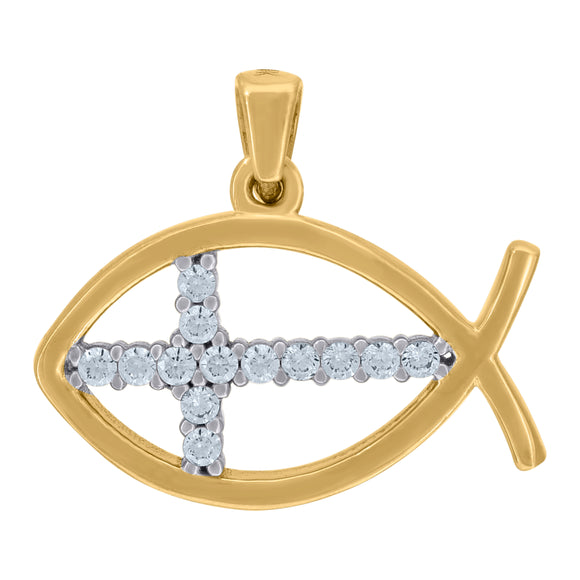 14kt Two-tone Gold Unisex Cubic Zirconia Ichthus With Cross Charm Pendant