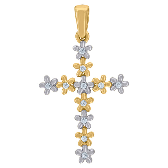 14kt Two-tone Gold Womens Cubic Zirconia Flower Cross Religious Charm Pendant