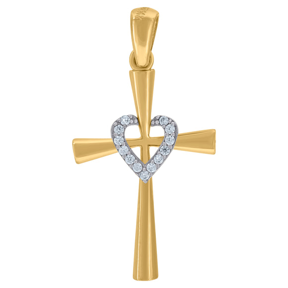 14kt Two-tone Gold Womens Cubic Zirconia Heart Cross Religious Charm Pendant