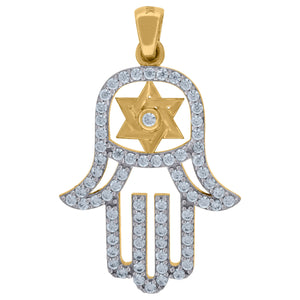 14kt Two-tone Gold Womens Cubic Zirconia Humsa Hand David Of Star Charm Pendant