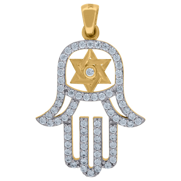 14kt Two-tone Gold Womens Cubic Zirconia Humsa Hand David Of Star Charm Pendant