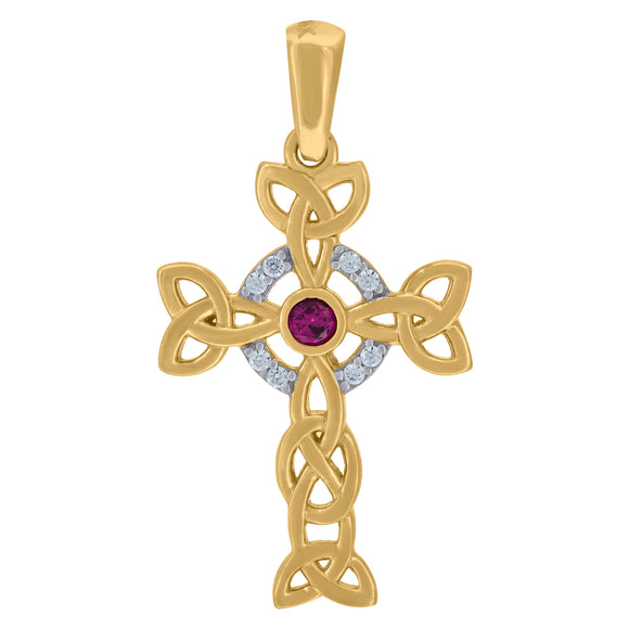 14kt Two-tone Gold Unisex Garnet Cubic Zirconia Cross Religious Charm Pendant