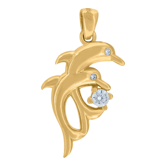 14kt Yellow Gold Womens Cubic Zirconia Dolphins Charm Pendant