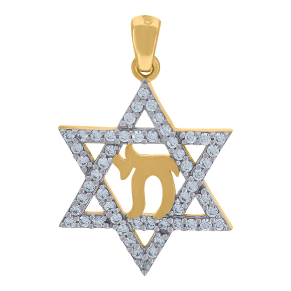 14kt Two-tone Gold Womens Cubic Zirconia David Of Star With Chai Charm Pendant