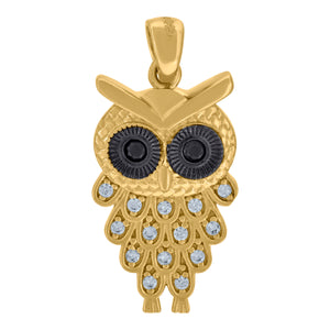 14kt Yellow Gold Womens Black Cubic Zirconia Owl Charm Pendant