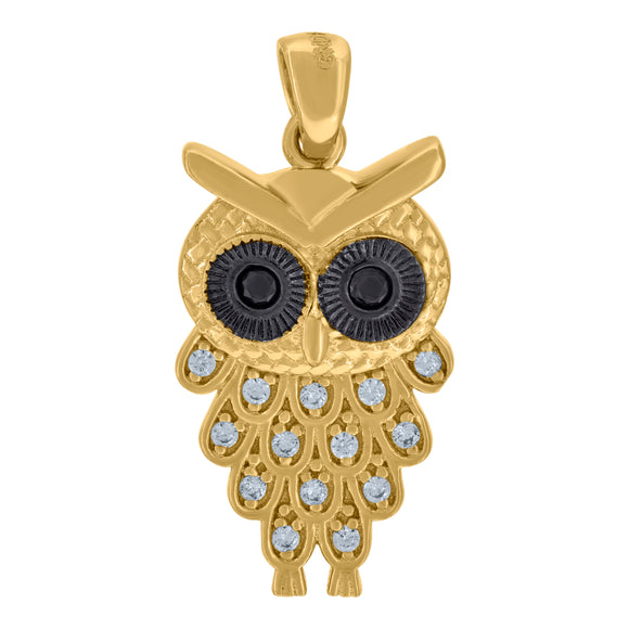 14kt Yellow Gold Womens Black Cubic Zirconia Owl Charm Pendant