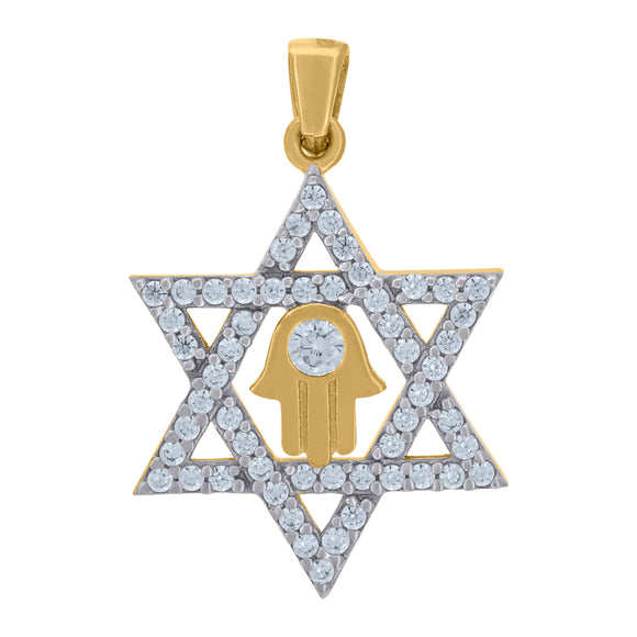 14kt Two-tone Gold Womens Cubic Zirconia Humsa Hand David Of Star Charm Pendant
