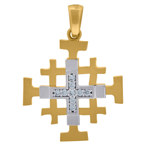 14kt Two-tone Gold Unisex Cubic Zirconia Jerusalem Cross Religious Charm Pendant