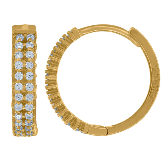 14kt Yellow Gold Womens Cubic Zirconia Double Row Huggie Hoop Earrings