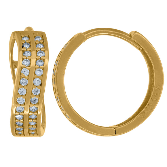 14kt Yellow Gold Womens Cubic Zirconia Twisted Huggie Hoop Earrings