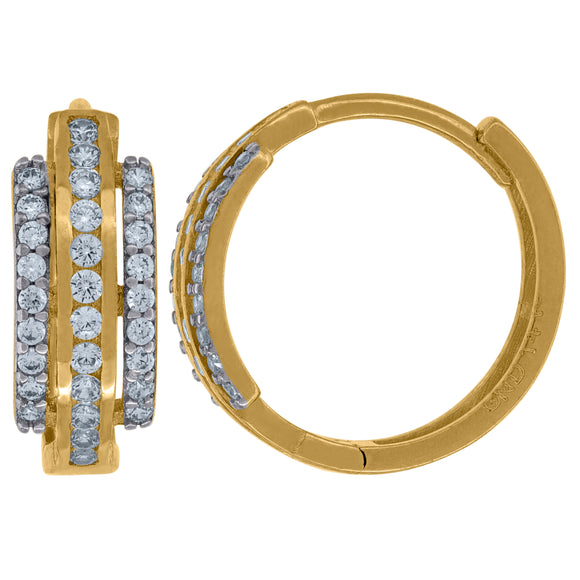 14kt Two-tone Gold Womens Cubic Zirconia Triple Row Huggie Hoop Earrings
