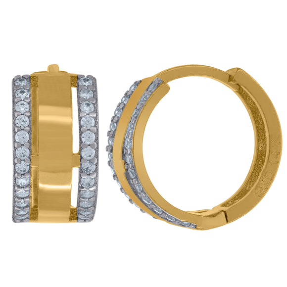 14kt Two-tone Gold Womens Cubic Zirconia Double Row Huggie Hoop Earrings
