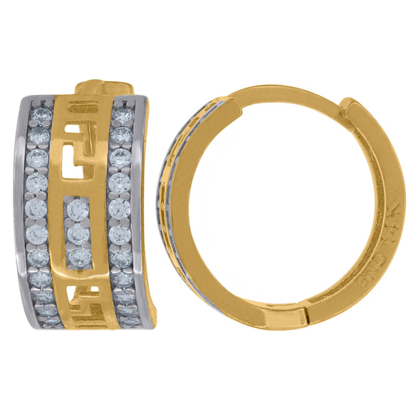 14kt Two-tone Gold Womens Cubic Zirconia Greek Key Huggie Hoop Earrings