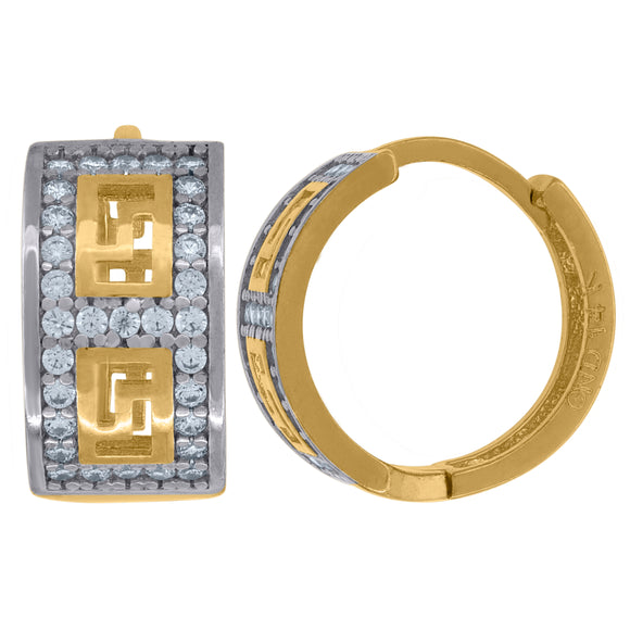 14kt Two-tone Gold Womens Cubic Zirconia Greek Key Huggie Hoop Earrings