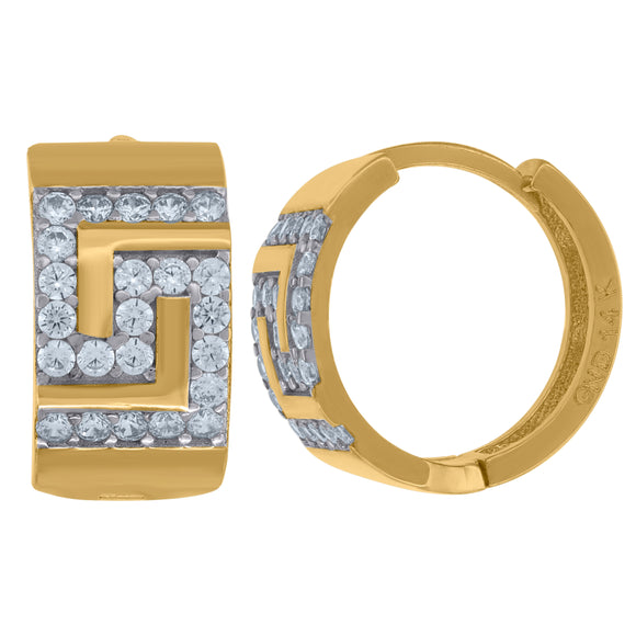 14kt Two-tone Gold Womens Cubic Zirconia Greek Key Huggie Hoop Earrings