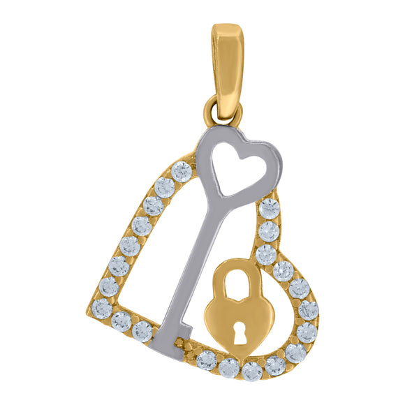 14kt Two-tone Gold Womens Cubic Zirconia Heart Lock Key Charm Pendant